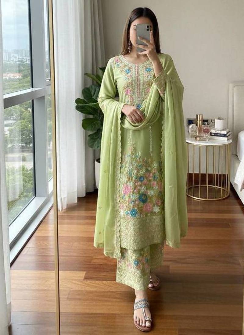 Light Green Embroidery And sequin Work Silk Blend Salwar Suit