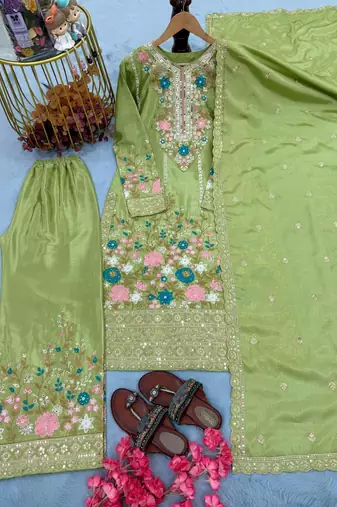 Light Green Embroidery And sequin Work Silk Blend Salwar Suit