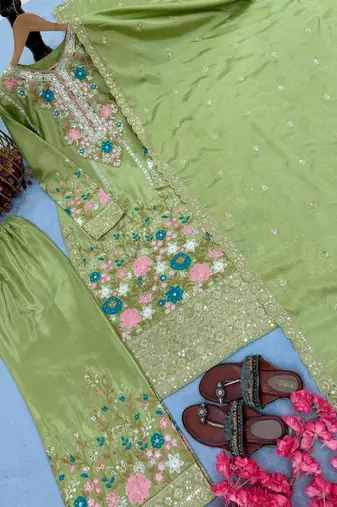 Light Green Embroidery And sequin Work Silk Blend Salwar Suit