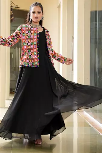 Geometric embellished thread work thread work pleated anarkali kurti