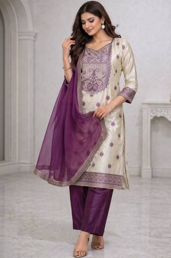 Women ethnic motifs embroidered regular thread work kurta with trousers & with dupatta