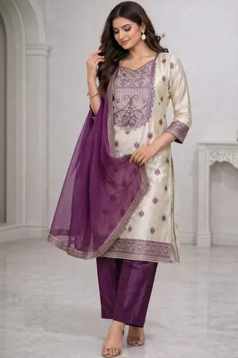 Women ethnic motifs embroidered regular thread work kurta with trousers & with dupatta