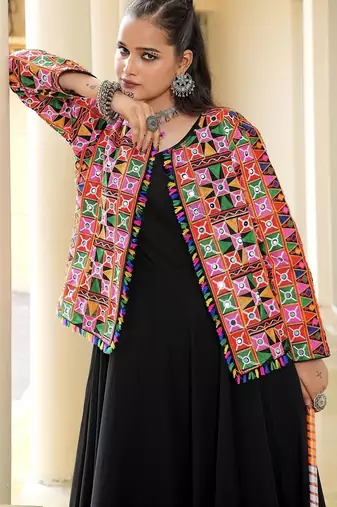 Geometric embellished thread work thread work pleated anarkali kurti