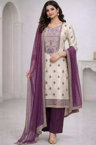 Women ethnic motifs embroidered regular thread work kurta with trousers & with dupatta