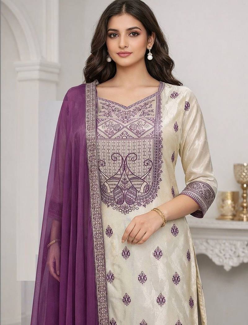 Women ethnic motifs embroidered regular thread work kurta with trousers & with dupatta