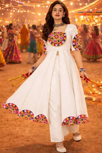 Ethnic motifs embellished thread work pure cotton thread work angrakha anarkali kurti