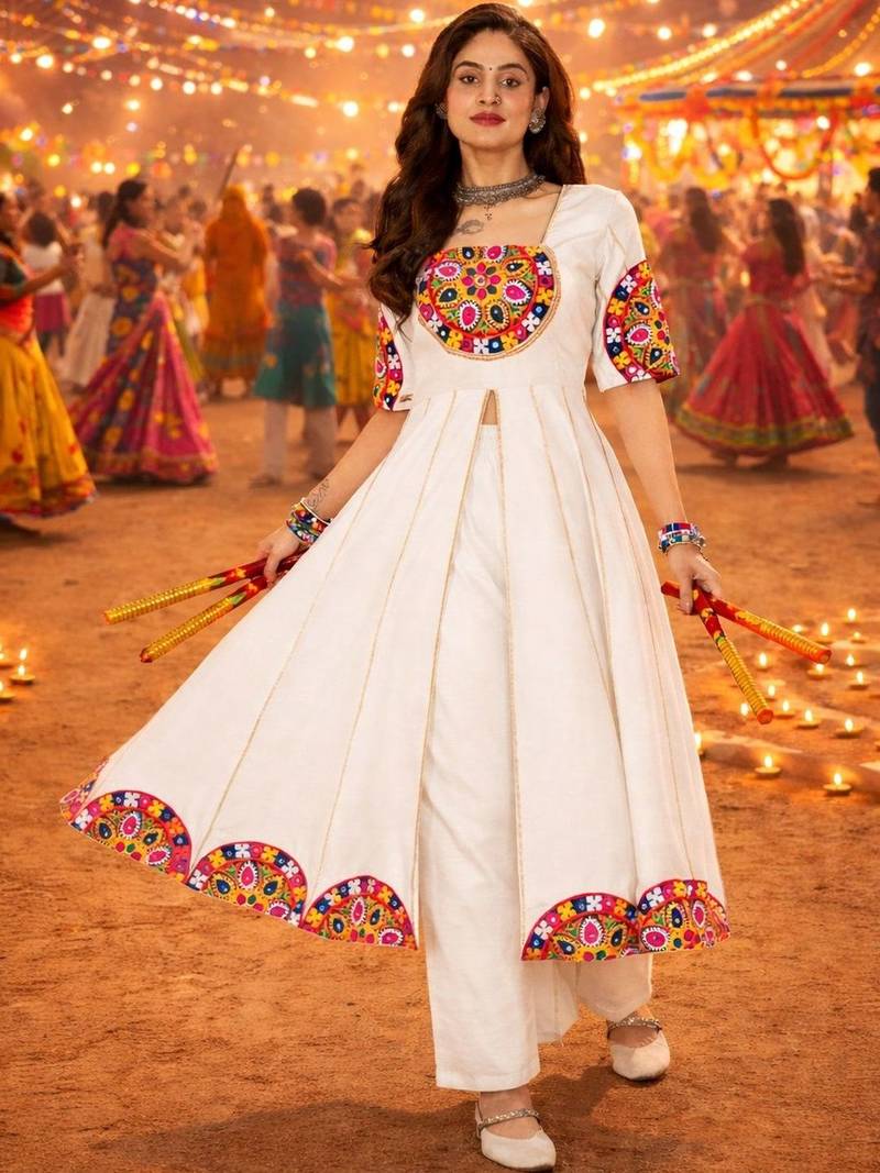 Ethnic motifs embellished thread work pure cotton thread work angrakha anarkali kurti