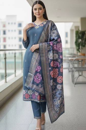 Women floral embroidered regular thread work kurta with trousers & with dupatta