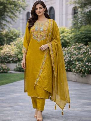 Women embroidered regular kurta with trousers & with dupatta 1