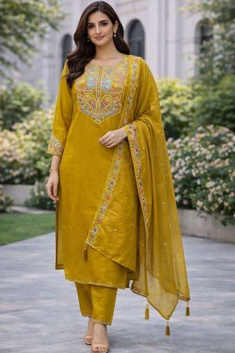 Women embroidered regular kurta with trousers & with dupatta