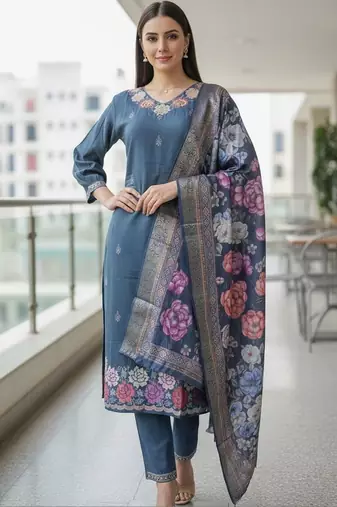Women floral embroidered regular thread work kurta with trousers & with dupatta