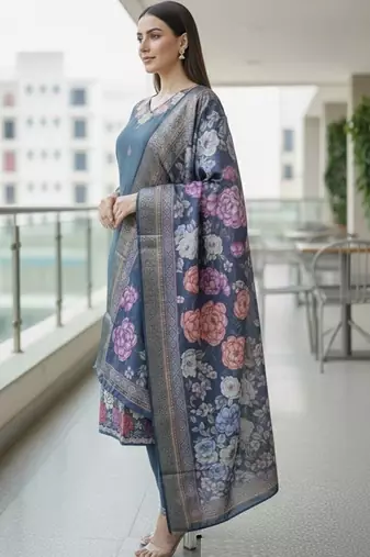 Women floral embroidered regular thread work kurta with trousers & with dupatta