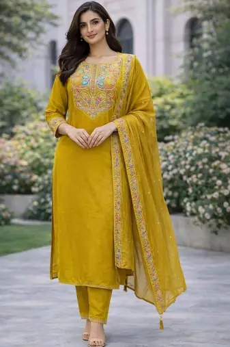 Women embroidered regular kurta with trousers & with dupatta