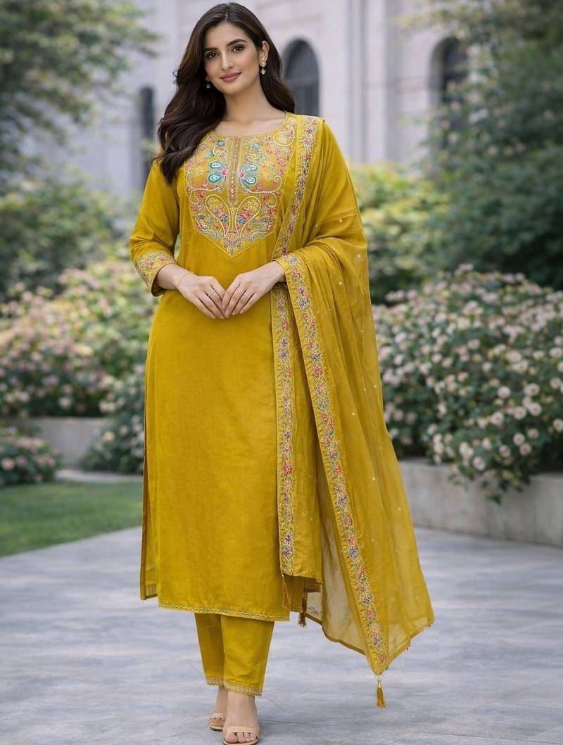 Women embroidered regular kurta with trousers & with dupatta