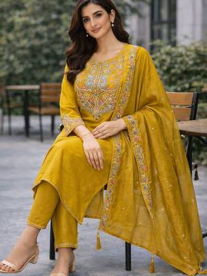 Women embroidered regular kurta with trousers & with dupatta 3