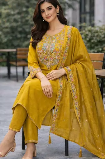 Women embroidered regular kurta with trousers & with dupatta