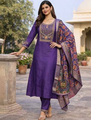 Women ethnic motifs embroidered regular thread work kurta with trousers & with dupatta 1