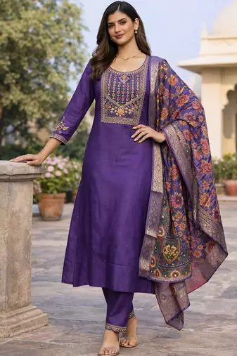 Women ethnic motifs embroidered regular thread work kurta with trousers & with dupatta