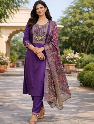Women ethnic motifs embroidered regular thread work kurta with trousers & with dupatta 2