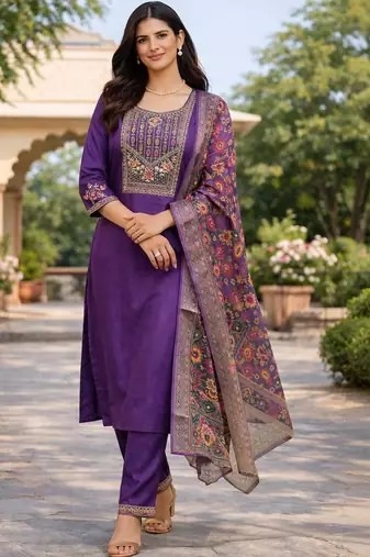Women ethnic motifs embroidered regular thread work kurta with trousers & with dupatta
