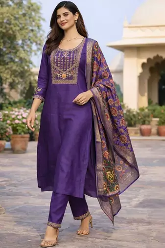 Women ethnic motifs embroidered regular thread work kurta with trousers & with dupatta