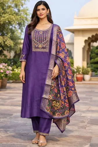 Women ethnic motifs embroidered regular thread work kurta with trousers & with dupatta