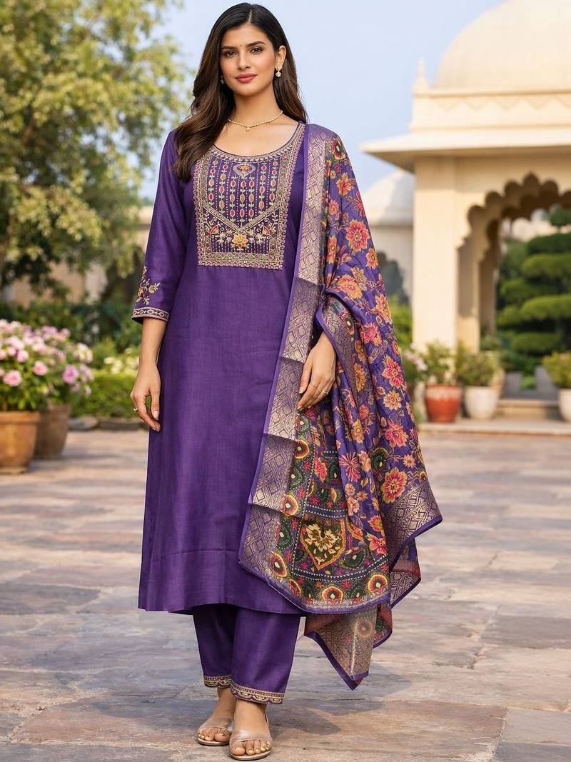Women ethnic motifs embroidered regular thread work kurta with trousers & with dupatta