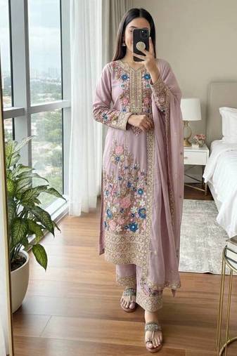 Lavender Embroidery And sequin Work Silk Blend Salwar Suit