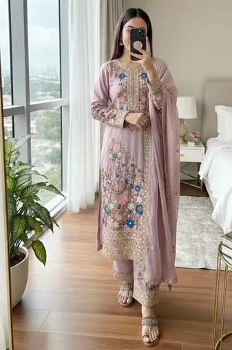 Lavender Embroidery And sequin Work Silk Blend Salwar Suit