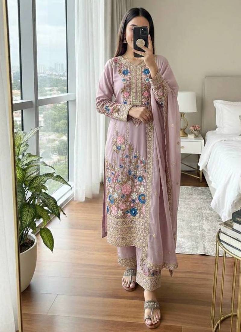 Lavender Embroidery And sequin Work Silk Blend Salwar Suit