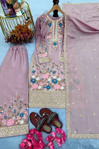 Lavender Embroidery And sequin Work Silk Blend Salwar Suit