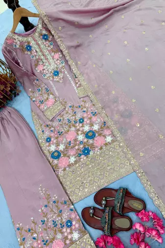 Lavender Embroidery And sequin Work Silk Blend Salwar Suit