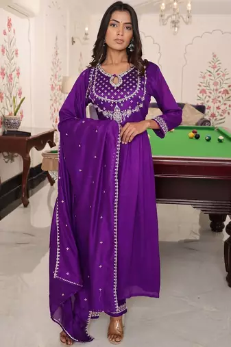Ethnic motifs embroidered pure silk thread work angrakha anarkali kurta set
