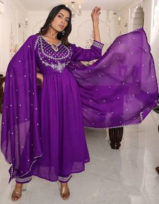 Ethnic motifs embroidered pure silk thread work angrakha anarkali kurta set 2