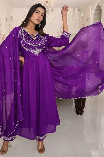 Ethnic motifs embroidered pure silk thread work angrakha anarkali kurta set
