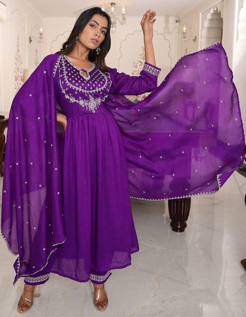 Ethnic motifs embroidered pure silk thread work angrakha anarkali kurta set