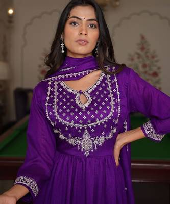 Ethnic motifs embroidered pure silk thread work angrakha anarkali kurta set 3