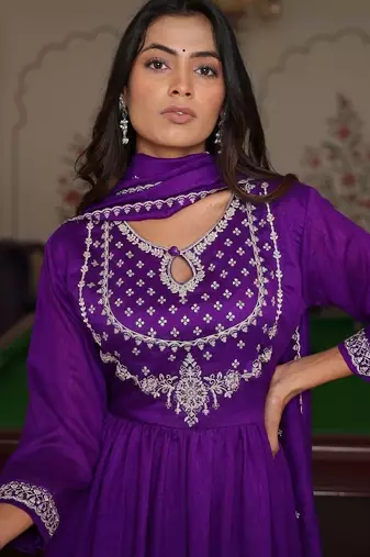 Ethnic motifs embroidered pure silk thread work angrakha anarkali kurta set