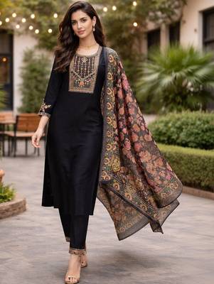 Women ethnic motifs embroidered regular thread work kurta with trousers & with dupatta 1