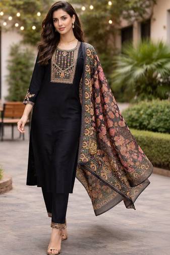 Women ethnic motifs embroidered regular thread work kurta with trousers & with dupatta