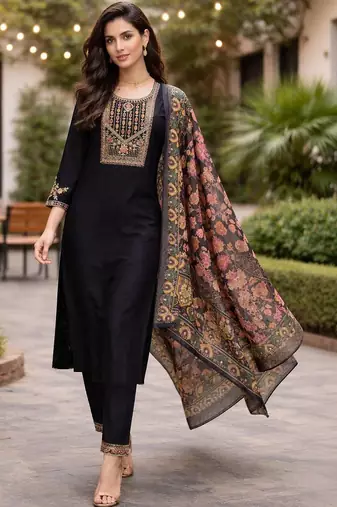 Women ethnic motifs embroidered regular thread work kurta with trousers & with dupatta