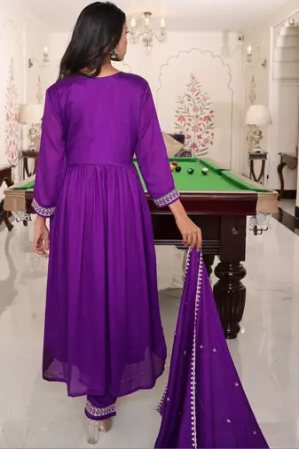 Ethnic motifs embroidered pure silk thread work angrakha anarkali kurta set