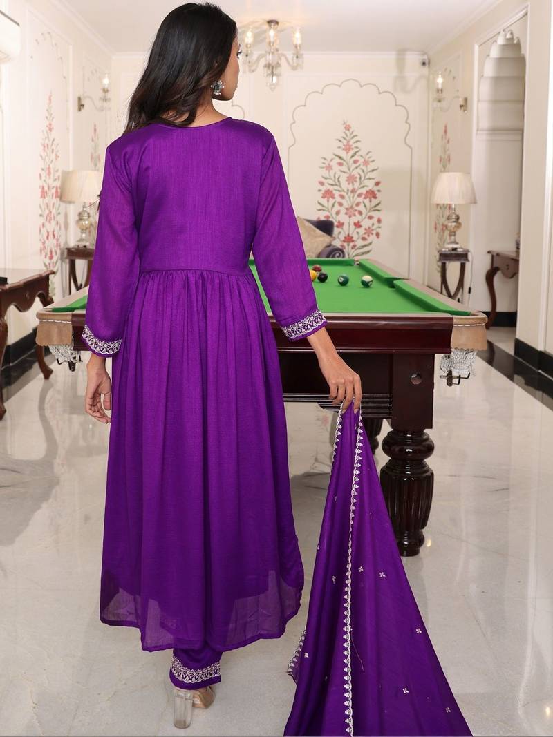 Ethnic motifs embroidered pure silk thread work angrakha anarkali kurta set