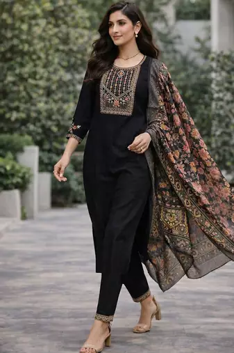 Women ethnic motifs embroidered regular thread work kurta with trousers & with dupatta