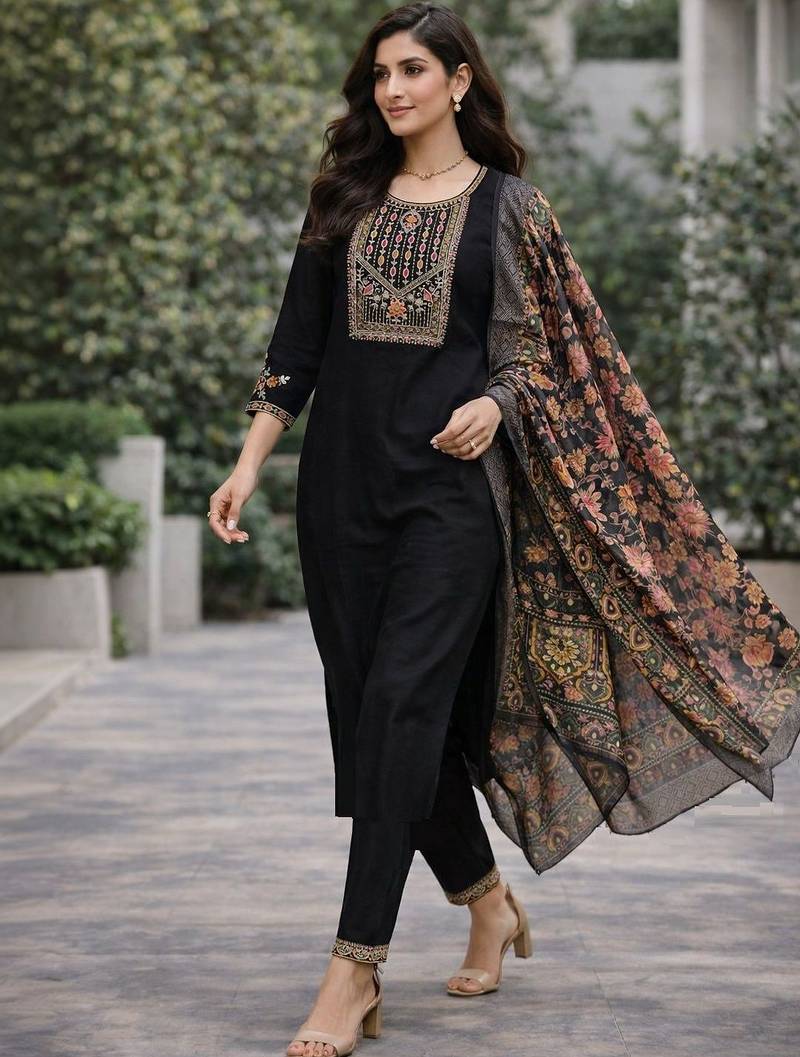 Women ethnic motifs embroidered regular thread work kurta with trousers & with dupatta