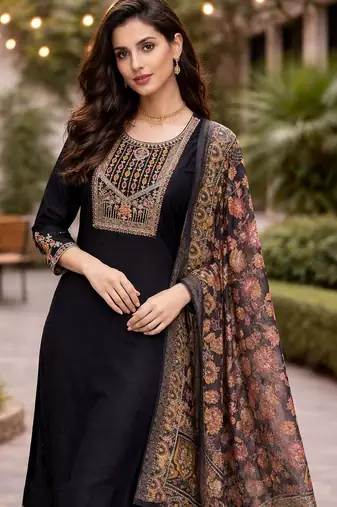 Women ethnic motifs embroidered regular thread work kurta with trousers & with dupatta