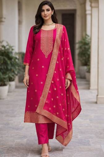 Women ethnic motifs regular kurta with trousers & with dupatta
