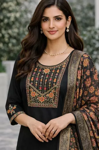 Women ethnic motifs embroidered regular thread work kurta with trousers & with dupatta