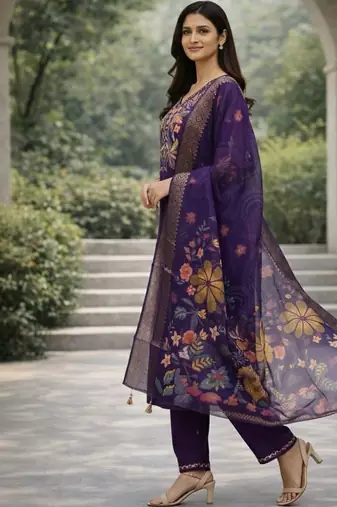Women floral embroidered regular thread work kurta with trousers & with dupatta
