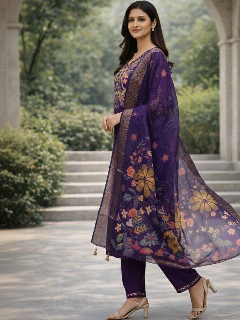 Women floral embroidered regular thread work kurta with trousers & with dupatta
